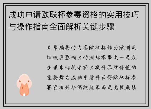 成功申请欧联杯参赛资格的实用技巧与操作指南全面解析关键步骤 成功申请欧联杯参赛资格的实用技巧与操作指南全面解析关键步骤